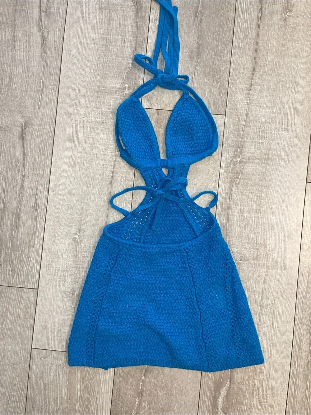 Blue crochet mini dress with size cutout detail size XS never worn!
